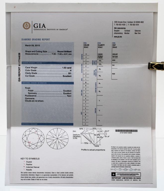Ring 18K vitguld med 1 briljant 1,52 ct H SI1, GIA certifikat 2010.