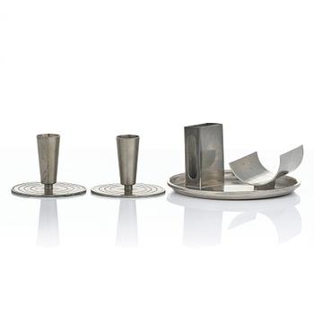 Ystad-Metall, a pair of candlesticks and a tray, 1938-42.