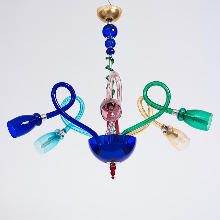 A multi coloured six light chandelier, Murano, Italy, around the year 2000.