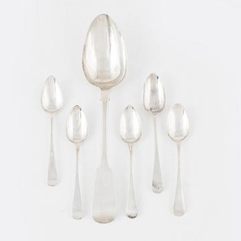 Six silver spoons, Ireland and England, including James Le Bas, Dublin 1828.