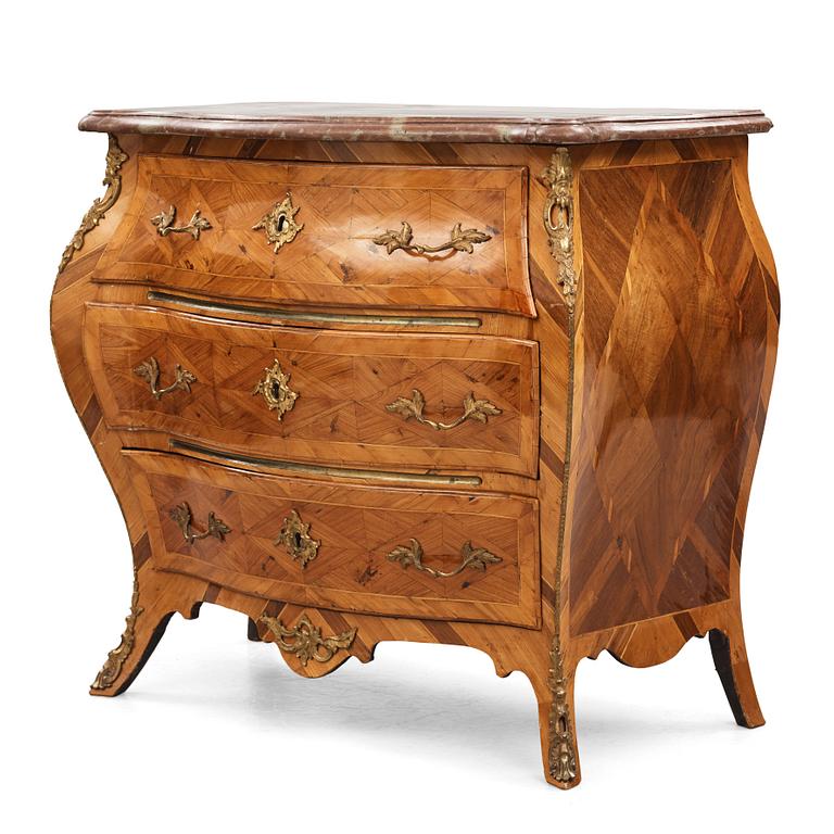 A parquetry and ormolu-mounted rococo commode by P. Gyllenberg (master in Stockholm 1767-85).