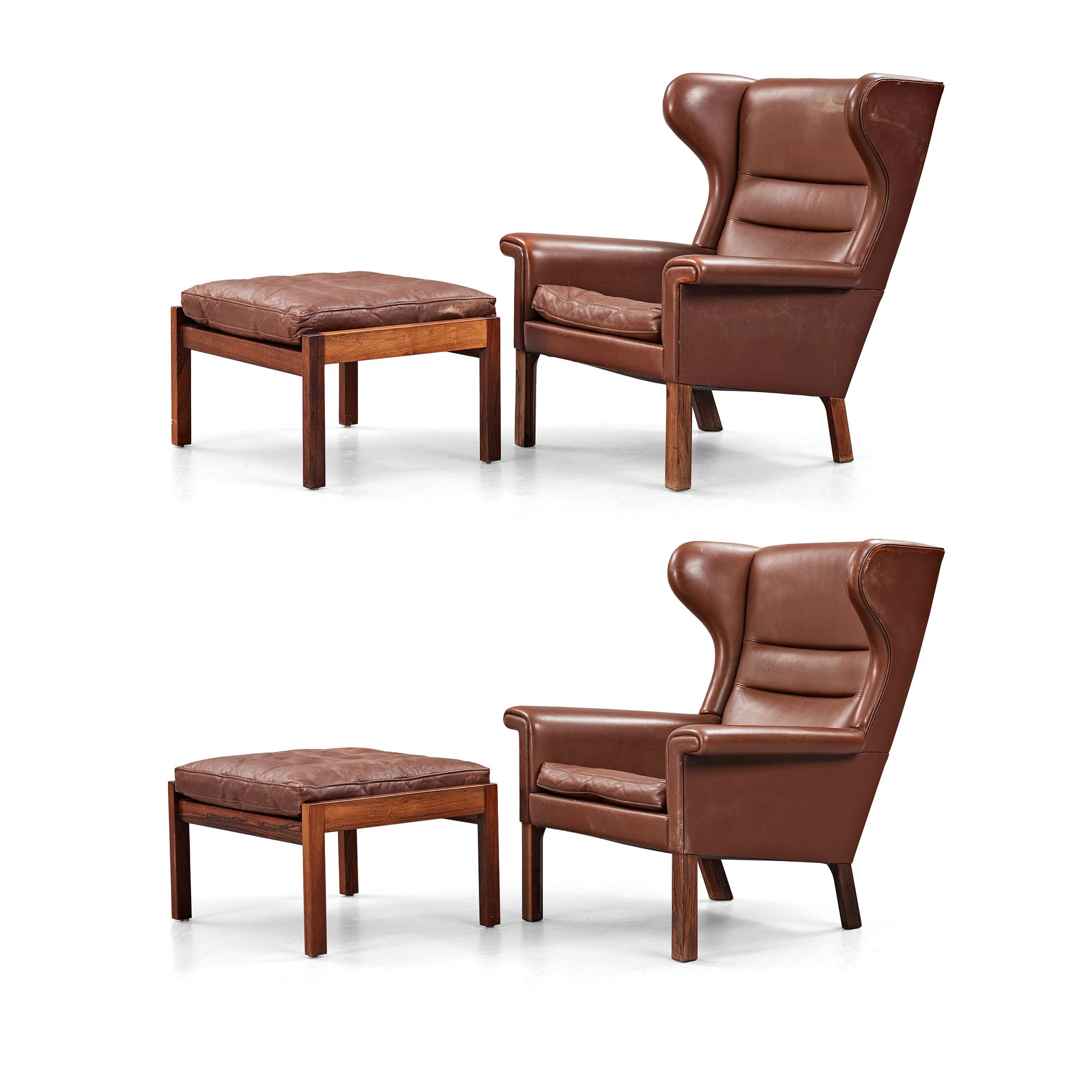 Hans J. Wegner, a pair of "AP-65" easy chairs with stools, AP-stolen, Denmark 1960's.