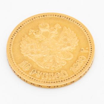 A Russian 10 Rubel gold coin, Nicolas II, 1899.
