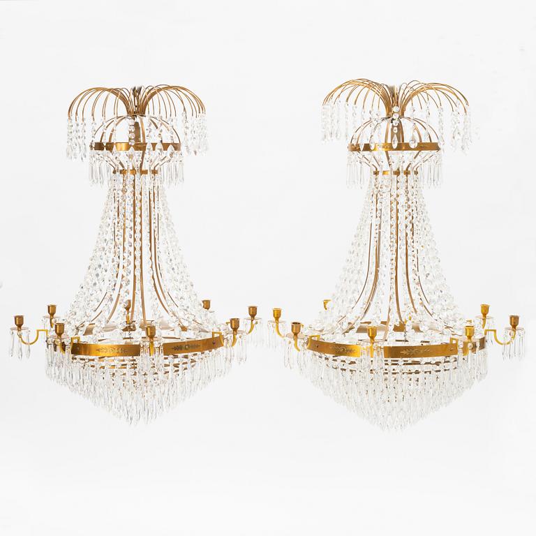 A pair of Empire style chandeliers, 20th Century.