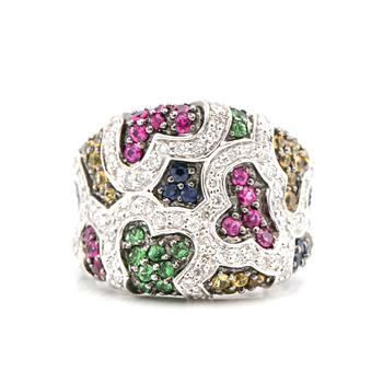 Ring in 18K white gold with round brilliant-cut diamonds and faceted coloured stones.