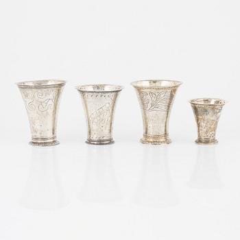 Four Swedish silver miniature beakers, 18th century.