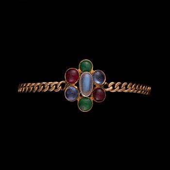 ARMBAND, 18K guld, månsten, rubiner, safirer, jade. Vikt ca 13,8 g.