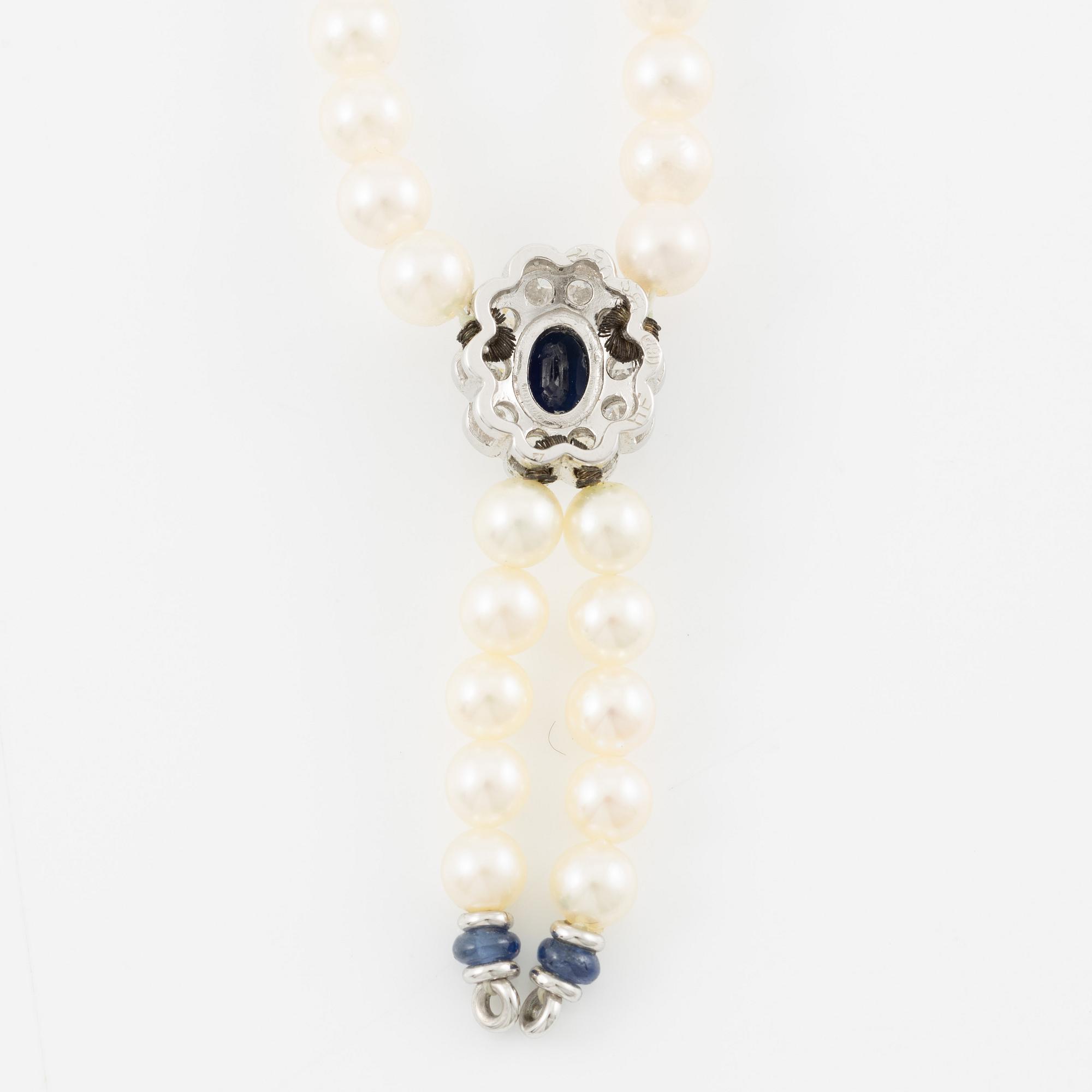 Necklace, 18K white gold with cultured pearls, sapphires, and brilliant-cut diamonds.