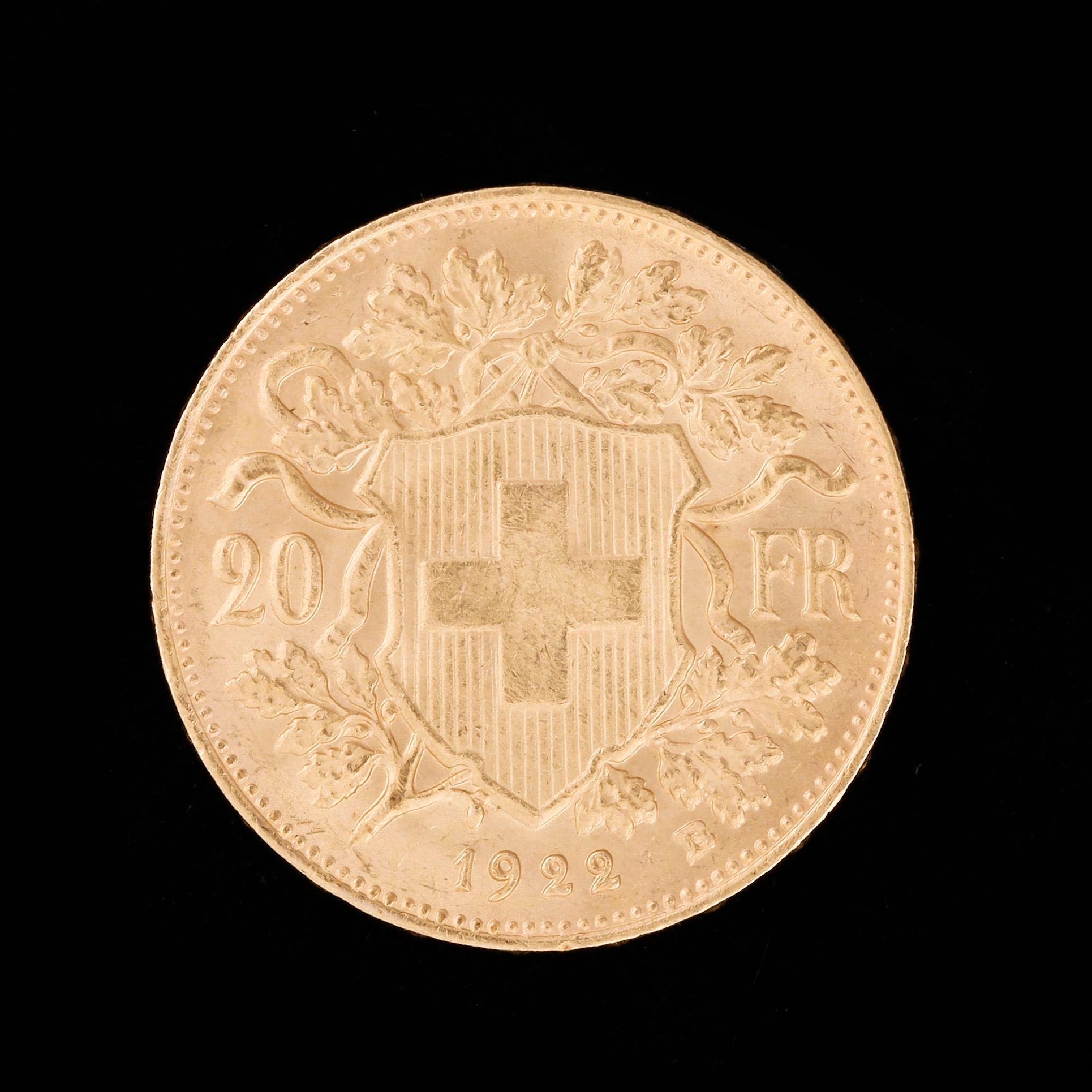 GULDMYNT, 900, Helvetia, 20 fr, 1922. Vikt ca 6 g.