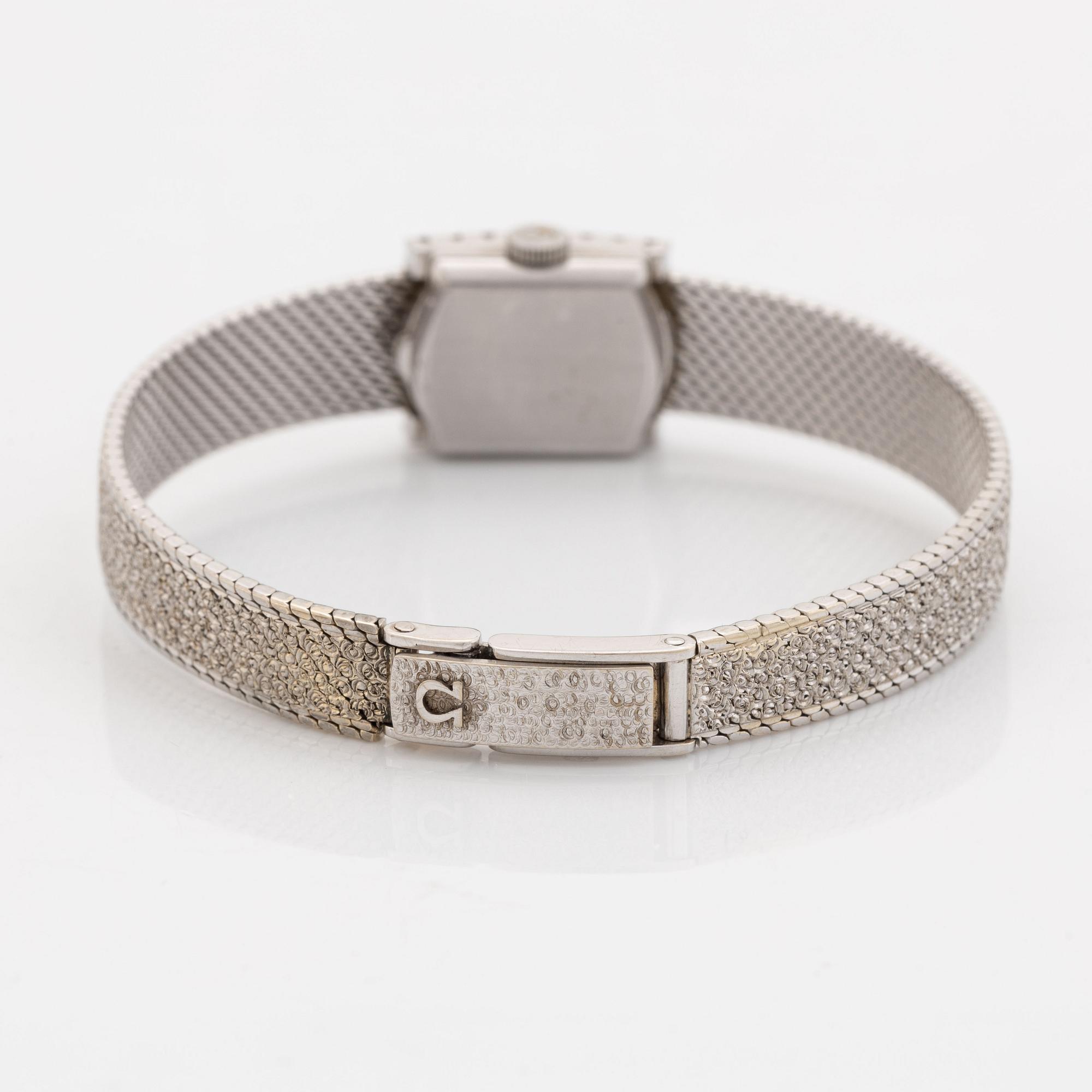 Omega, armbandsur, 18K vitguld med briljantslipade diamanter.