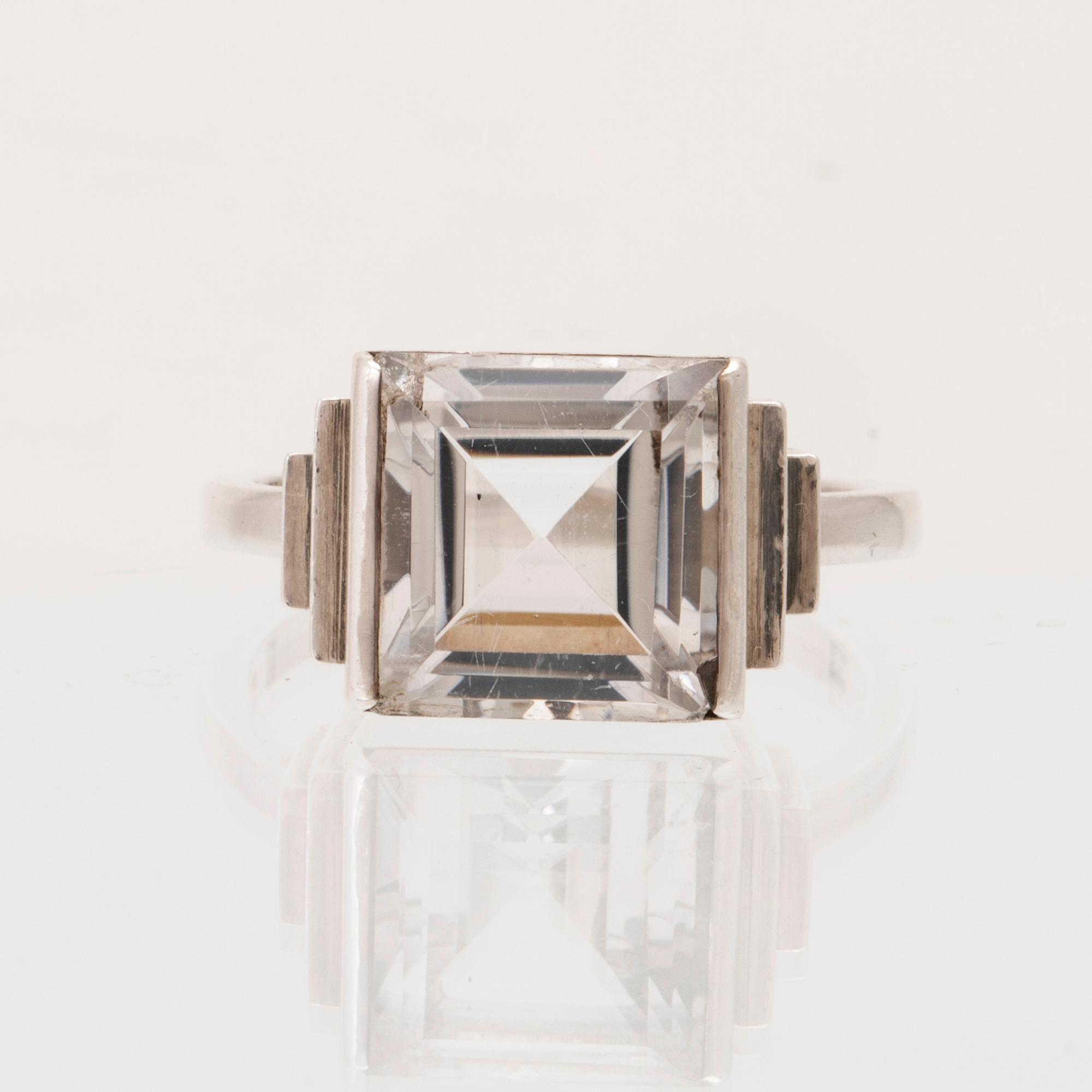 A silver ring set with a step-cut rock quartz crystal by Wiwen Nilsson Lund 1939.