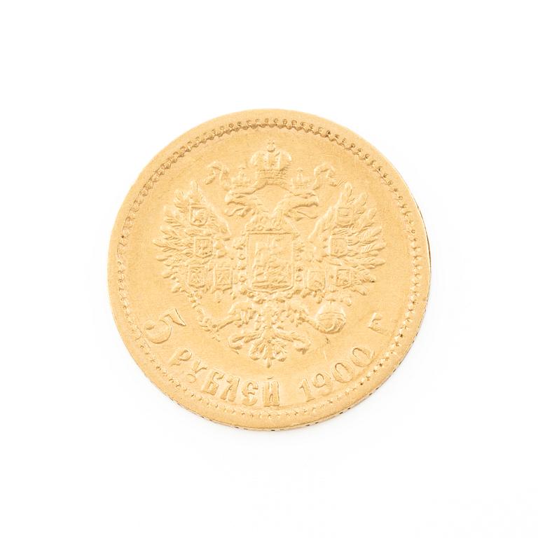 Gold coin, Nicholas II, Russia, 5 Rubles, 1900.