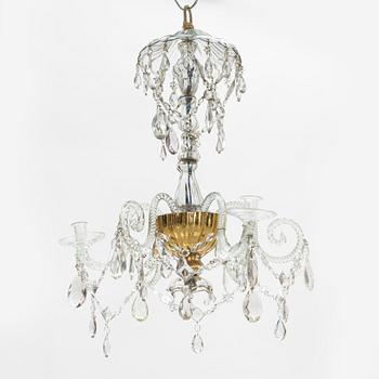A European glass three-light chandelier, circa 1800.