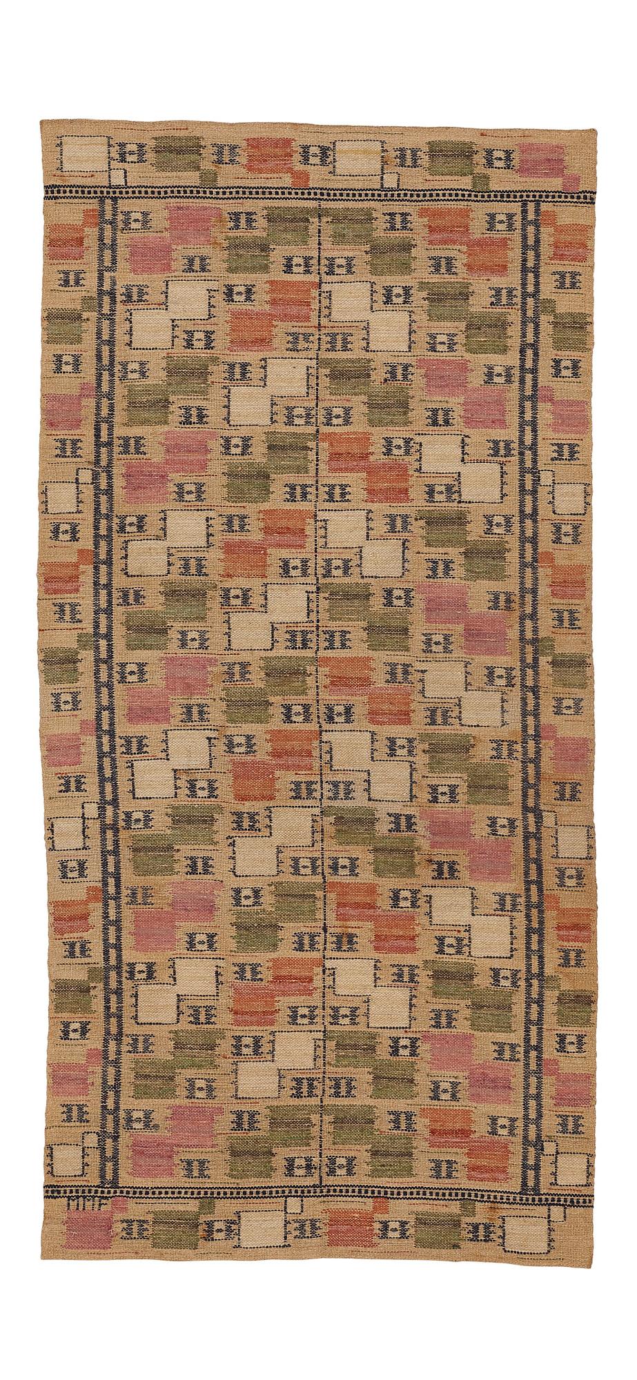 Märta Måås-Fjetterström, Vävnad, "Lövendal", inplock på linnebotten, ca 145,5-147 x 70-71,5 cm, signerad MMF.