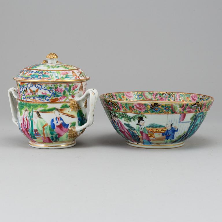 A famille rose jar with cover and a bowl, Qing dynasty, Canton, late 19th century.