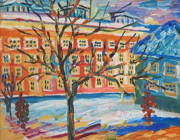 Ester Henning, oil on paper panel, indistinctly signed with monogram in red.