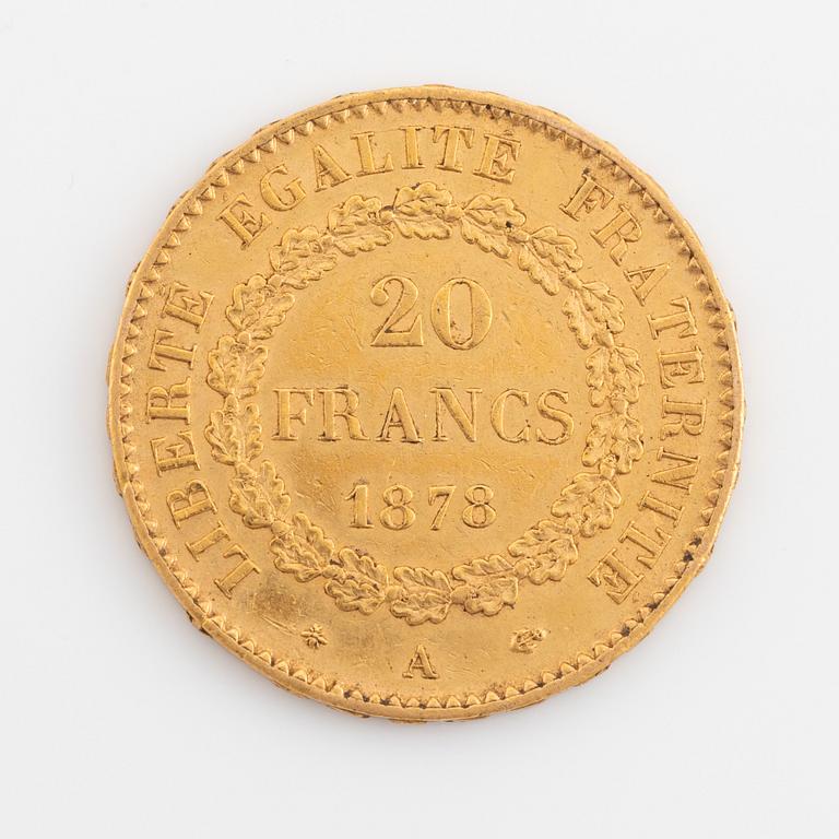 A French gold coin, 20 Francs, 1878.