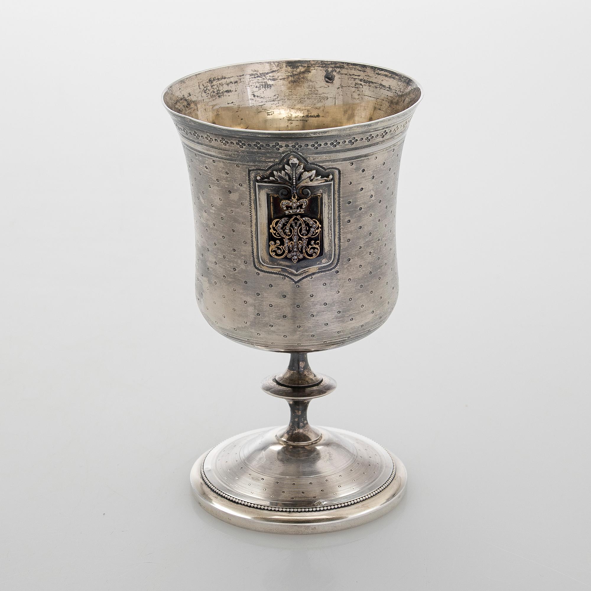 Philippe Berthier, bägare med fat, silver (.950), diamanter, Paris, 1800-talets mitt.