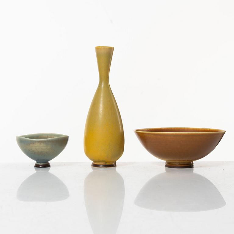 Berndt Friberg, a pair of bowls, and a vase, stoneware, Gustavsberg studio, 1954; 1972 and 1974.