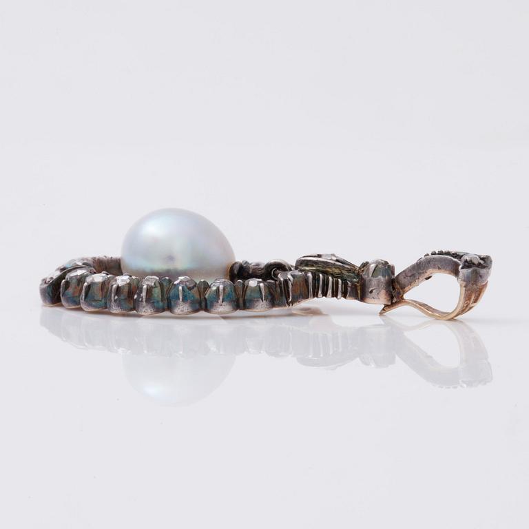 A probably natural semi-baroque saltwater pearl and rose-cut diamond pendant.