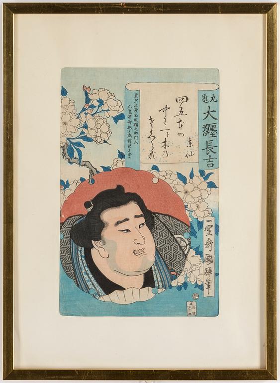 Three Japanese woodblock prints, 19th century.