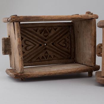 Four handcrafted wooden tins, 19th century.