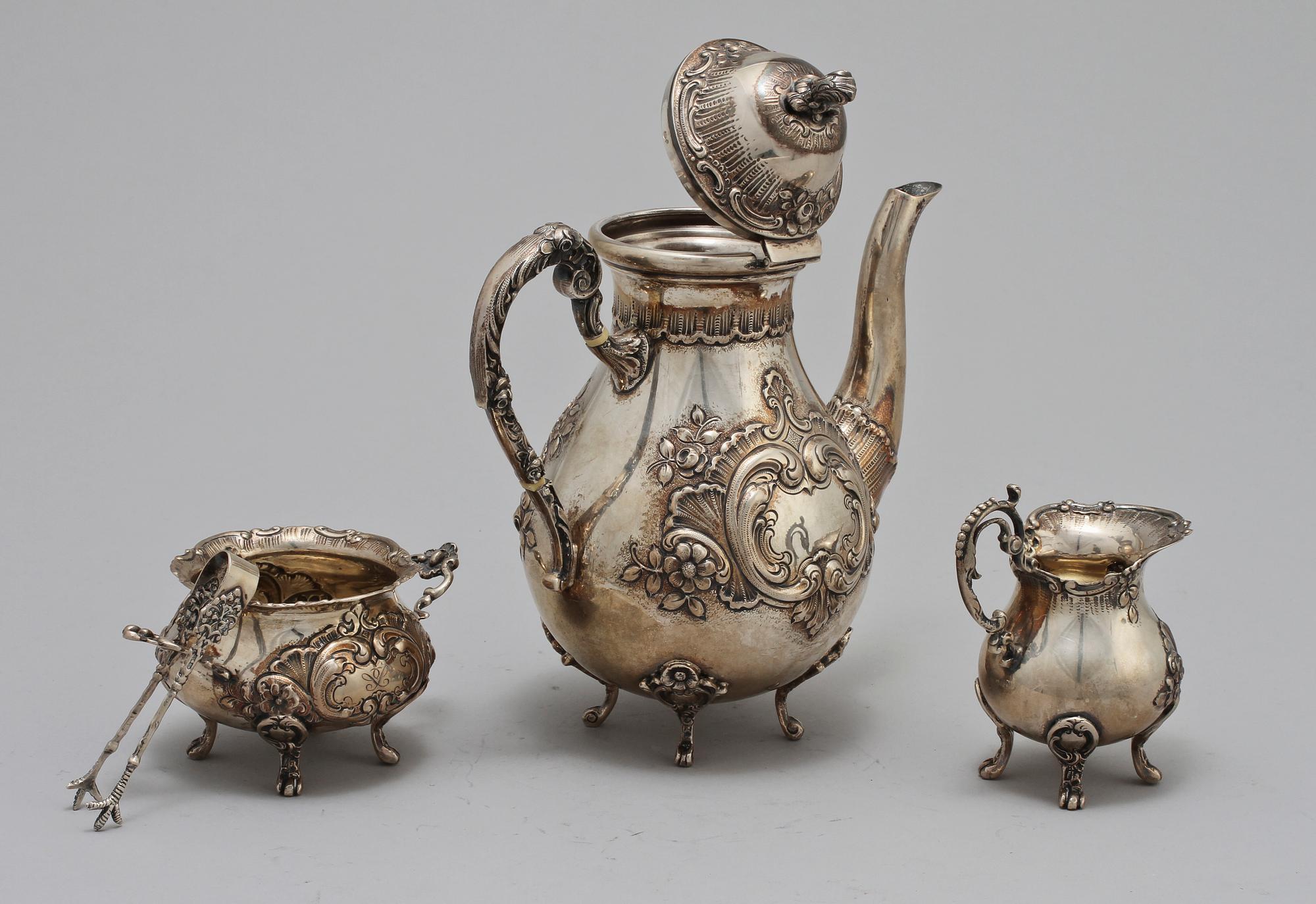 KAFFESERVIS, 4 delar, silver, rokokostil, 1900-talets andra hälft. Vikt 650 gram.