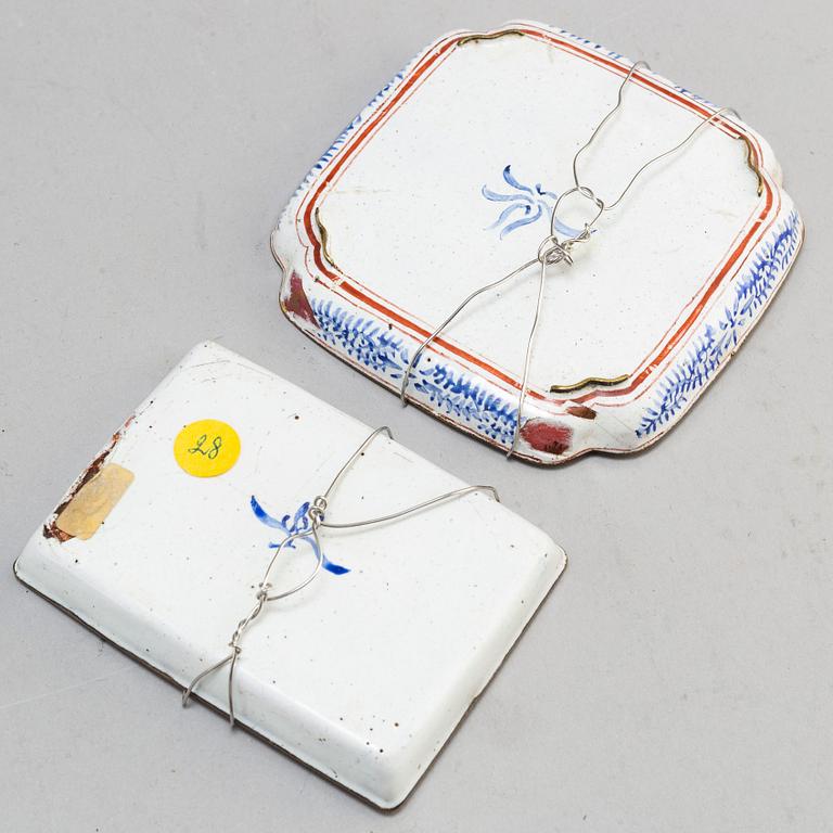 A famille rose armorial bowl, two enamel on copper dishes and an european box with cover, 18th/19th century.