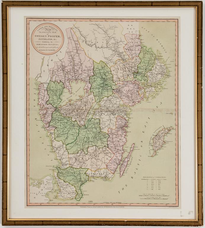 KARTA, gravyr, "Traveling map of Sweden proper, Gothland...", Laurie & Whittle, 1807.