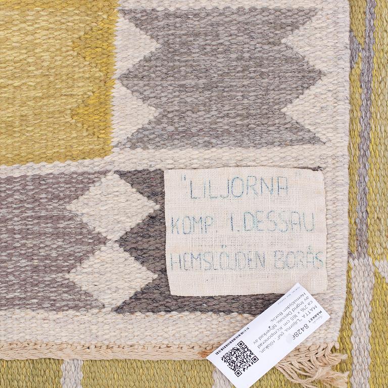 A CARPET, "Liljorna, gul", flat weave, designed by Ingrid Dessau for Hemslöjden Borås., around 216 x 165 cm.