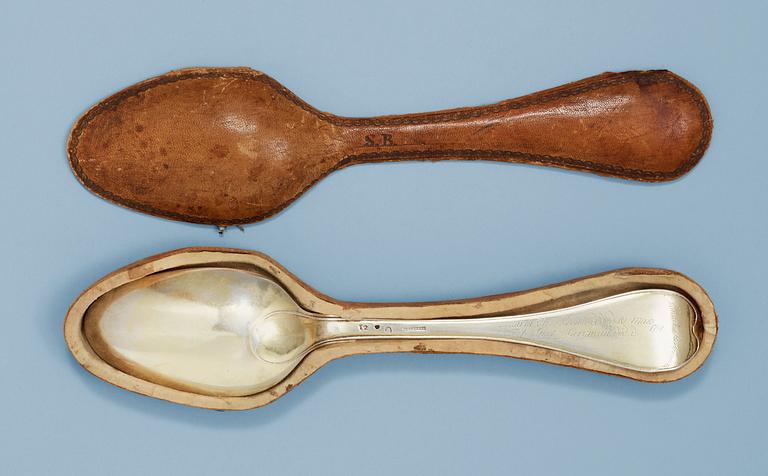 A Swedish parcel-gilt large spoon, makers mark of Nils Hellberg, Stockholm 1791.