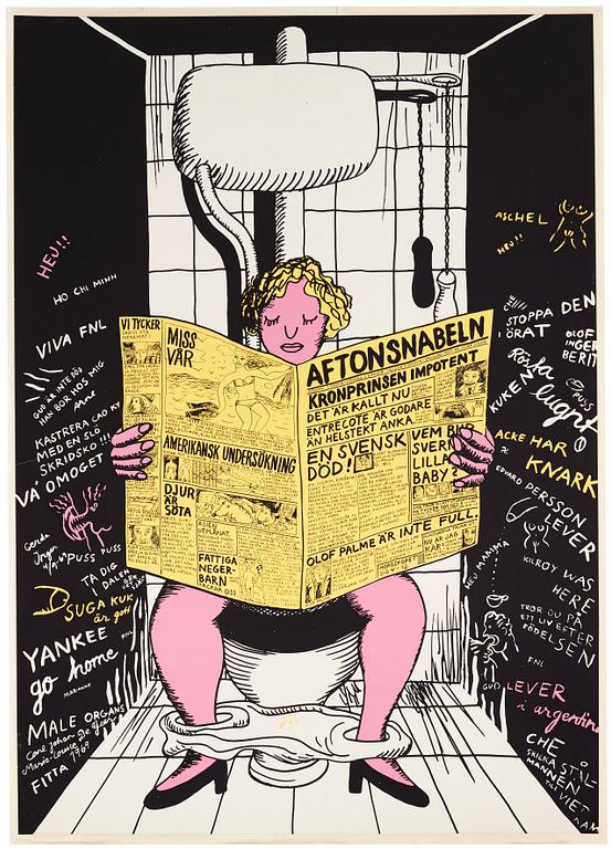 Marie-Louise Ekman, Färgserigrafisk affisch "På toaletten/Aftonsnabeln", 1969.