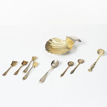 Butter dish, three pairs of salt spoons, and two mustard spoons, Sweden, 19th Century.