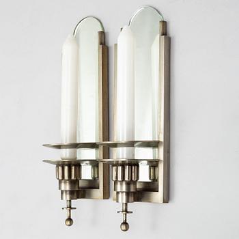 WALL LIGHTS, a pair of 1930's white metal and mirror glass.