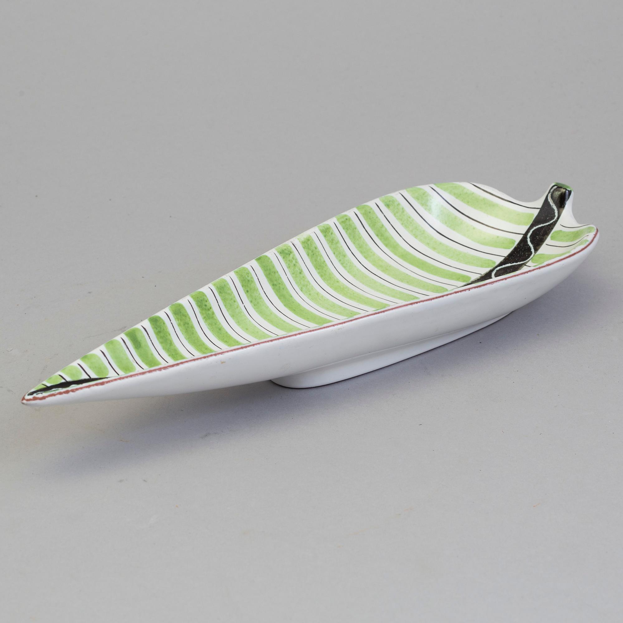 STIG LINDBERG, a paiance leaf-shaped dish, Gustavsberg Studio, Sweden.