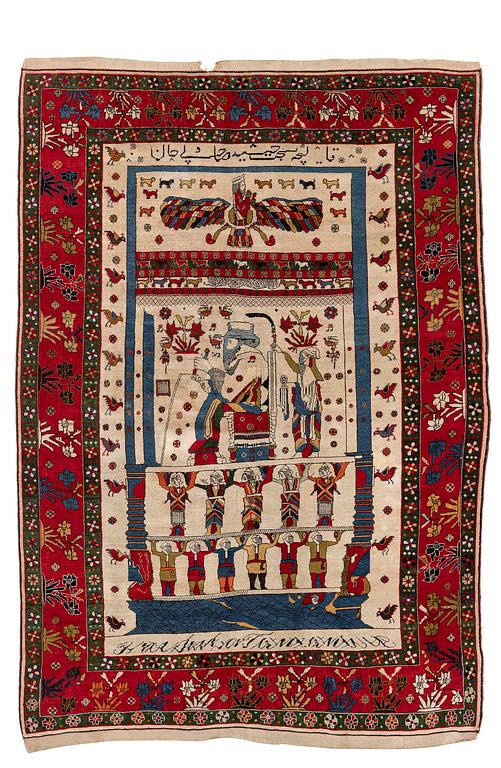 A pictoral Qashqai rug, Southwest Persia, c. 222 x 152 cm.