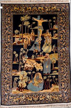 An oriental figural silk rug, around 181 x 124 cm.