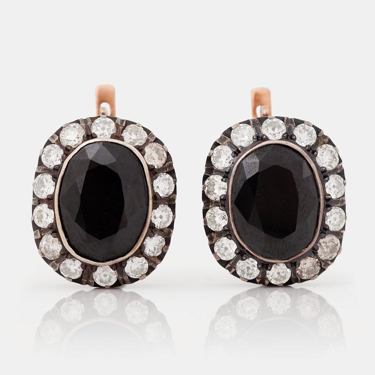A pair of Russian onyx and old-cut diamond earrings. Total  weight diamonds circa 2.80ct.