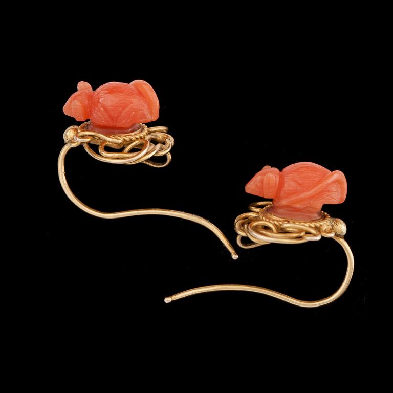 A pair of coral mice earrings, late 19th century.