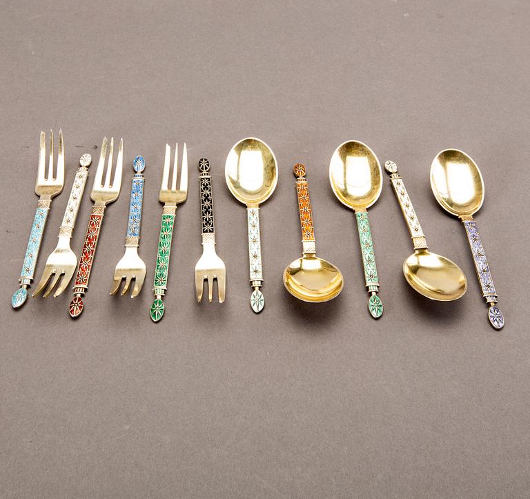 A Norwegian 20th century set of 22 pcs of silver and enamel cutlery mark of Tostrup total weight approx 442 gr.