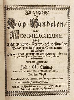 576. PER BRAHE DÄ (1520-1590) resp JOHAN RISING (ca 1616-1672), 2 vol i en, bla Gamble Grefwe Peer Brahes...Oeconomia eller Huuseholds Book för ungt Adels-folk, Wisingsborg, Johan Kankel 1677.