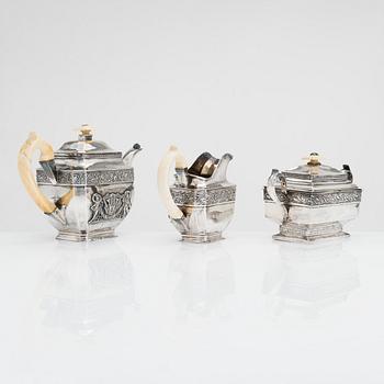 An 1830s three-piece silver tea set, Moscow, Russia.