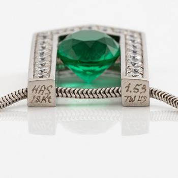 White gold necklace with pendant, 18K white gold set with brilliant-cut diamonds and emerald.