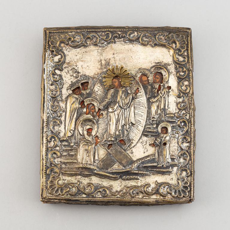 A russian icon with ochlad, rempera on panel, 19th Century.