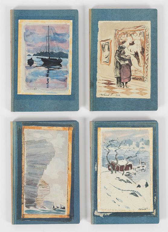 Roland Svensson, kasett med 4 färglitografier, signerade 169/400 samt fyra dagböcker i faksimil, 1990.