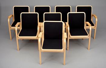 KARMSTOLAR, 8 st, modell E45, Alvar Aalto, Artek. Modellen formgiven 1947.