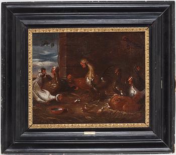 Melchior de Hondecoeter Circle of, A rooster in the chicken farm.