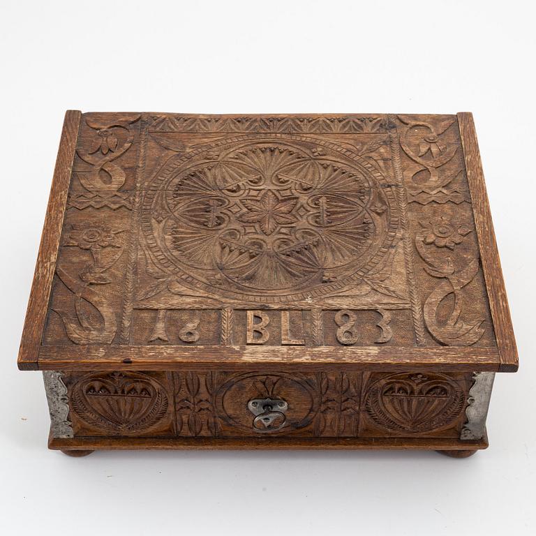 A Swedish baroque oak chest, presumably Westrogothia, dated 1683.
