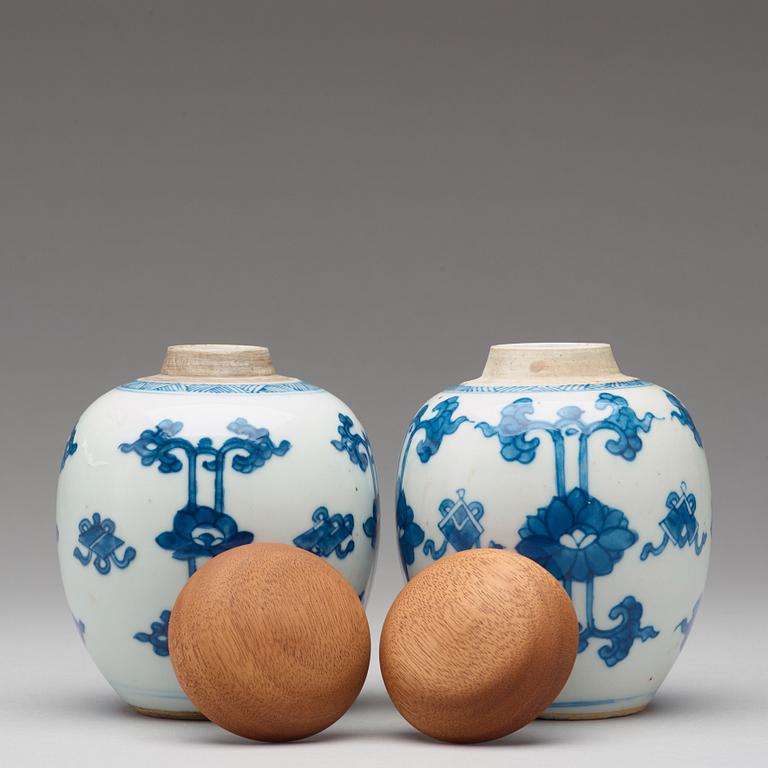 Two blue and white tea caddies, Qing dynasty, Kangxi (1662-1722).