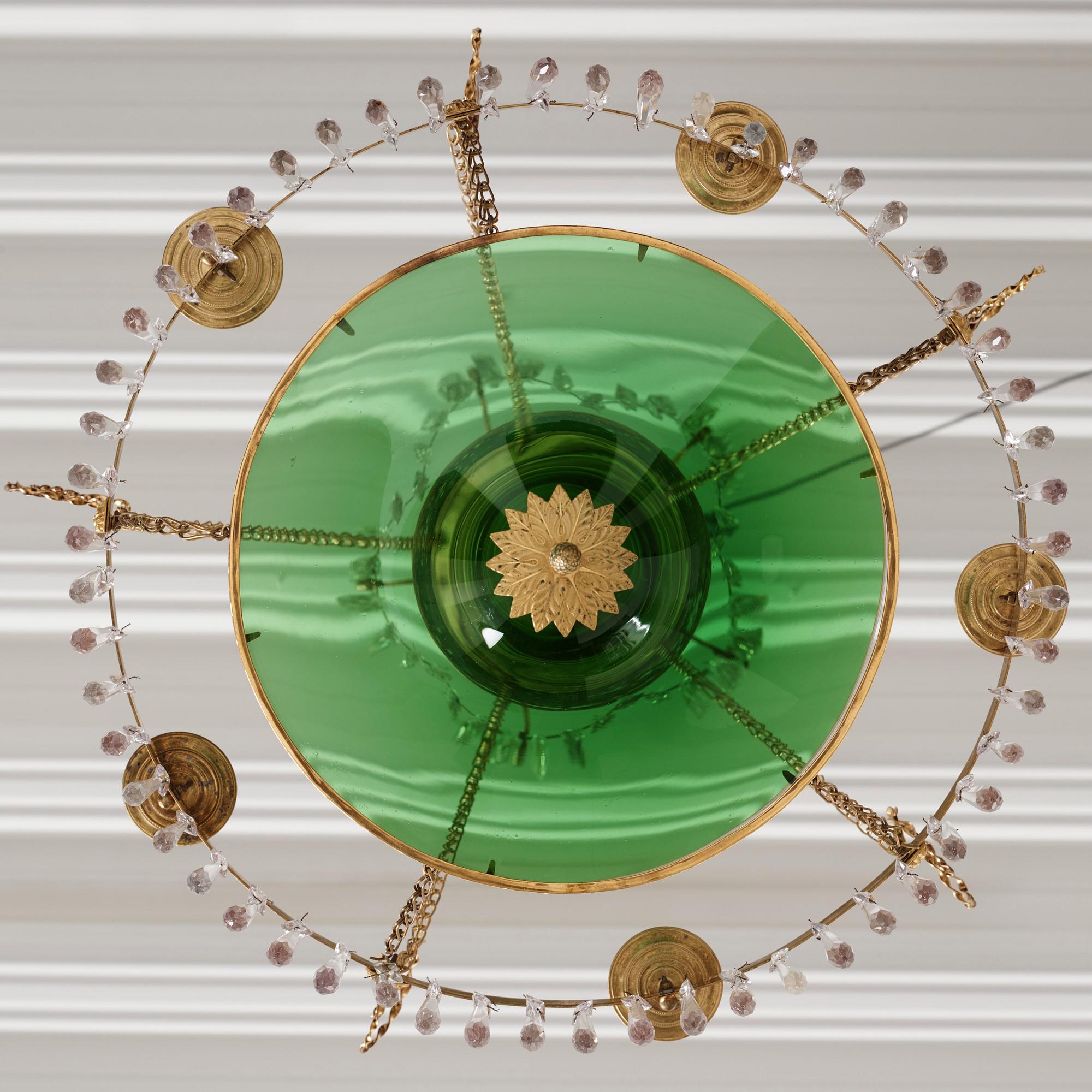 A late Gustavian gilt-brass and green glass six-light chandelier, late 18th century.
